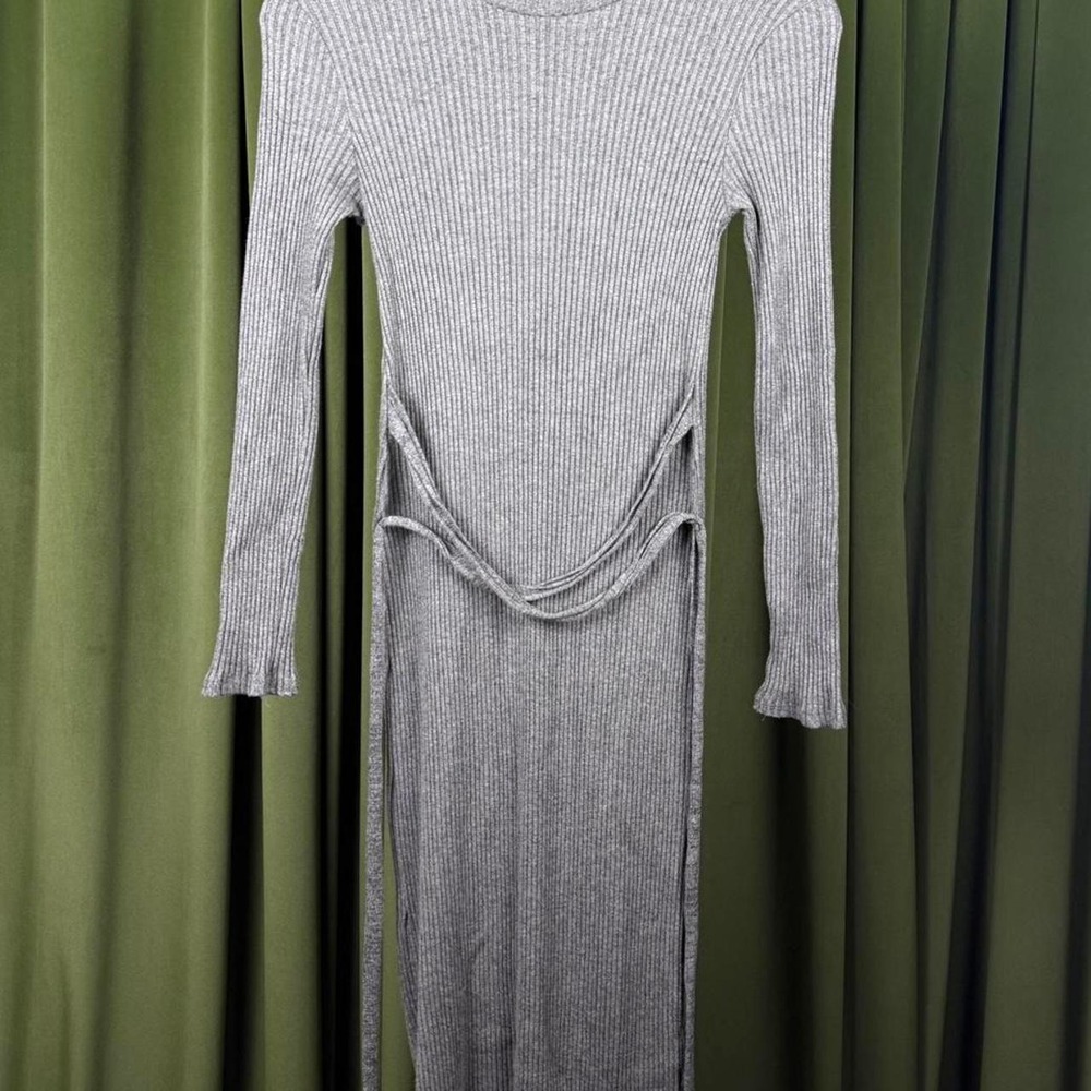 Zara Womens Grey Ribbed Maxi Dress Long Sleeve Tie Waist Bodycon Knit Size M